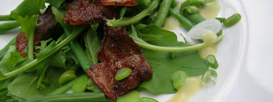Smoked Pork Belly Lardon on Spring Salad of Baby Broad Beans